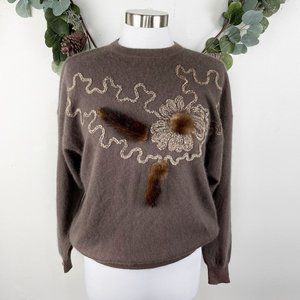 Vintage Womens Sweater M L 100% Cashmere Real Fox Fur Accents Nature Cat Tails